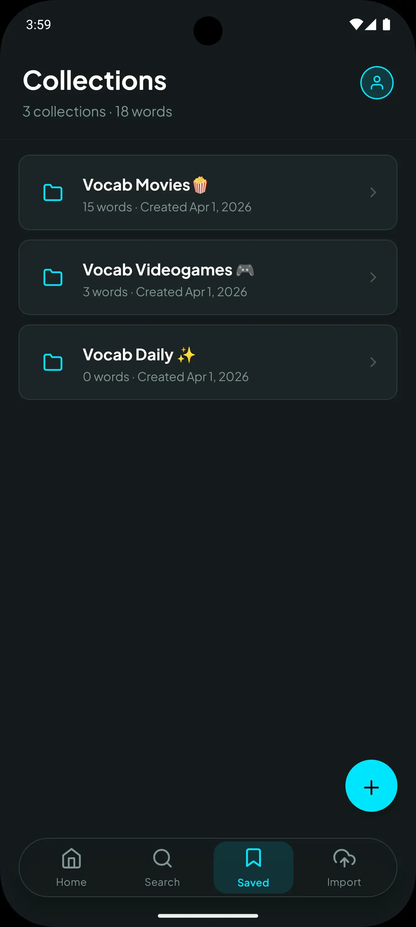 Collections screen for organizing saved vocabulary