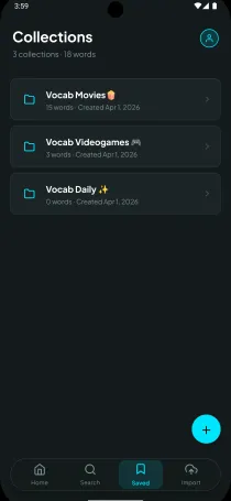 Pantalla de colecciones para organizar vocabulario
