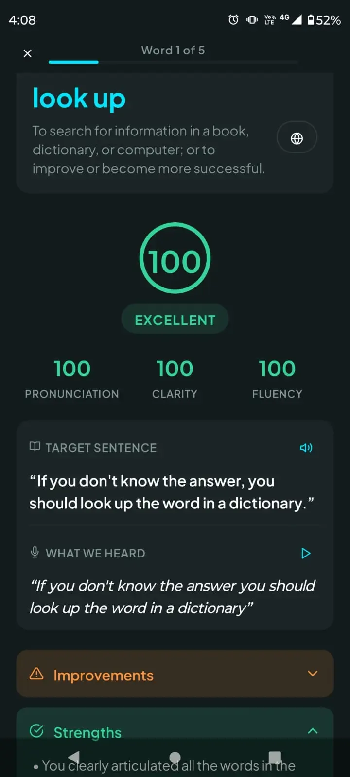 Feedback screen with pronunciation score and coaching tips