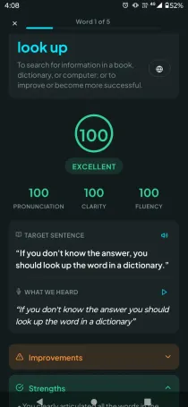 Pantalla de feedback con puntuación y sugerencias