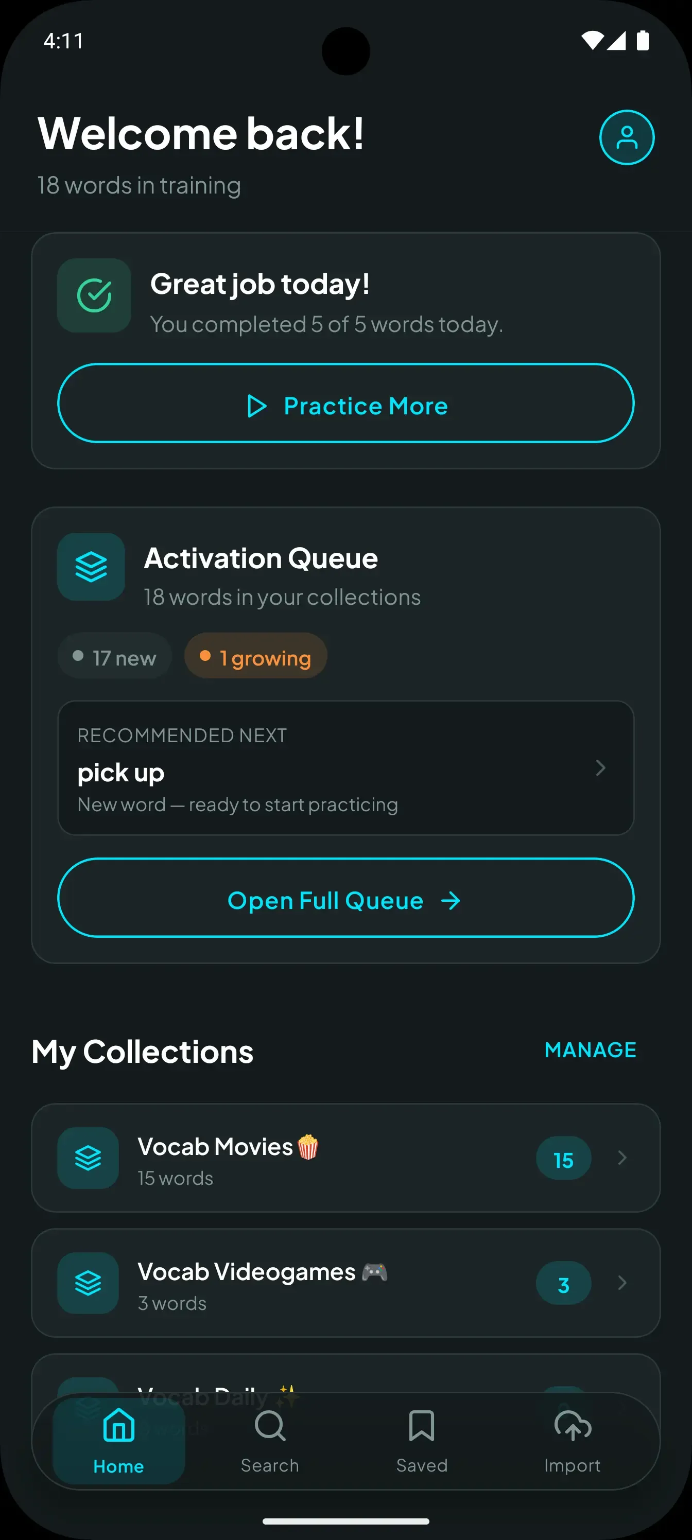 Home dashboard with daily recommendations and progress
