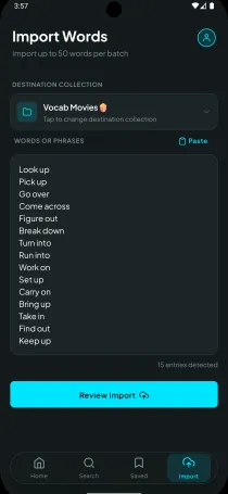 Pantalla para importar en bloque una lista de vocabulario personal
