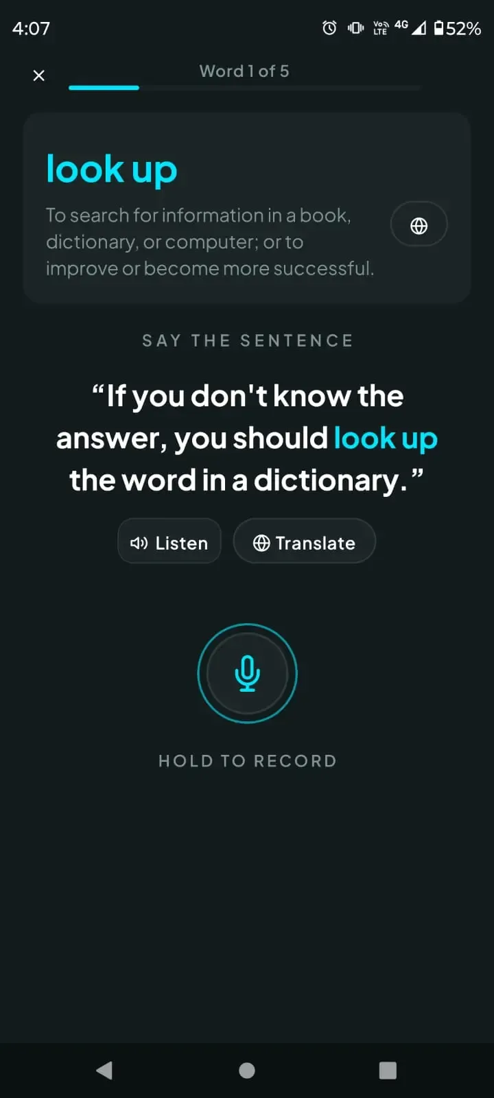 Practice screen with sentence speaking exercise