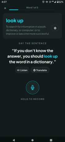 Pantalla de práctica con ejercicio de pronunciación