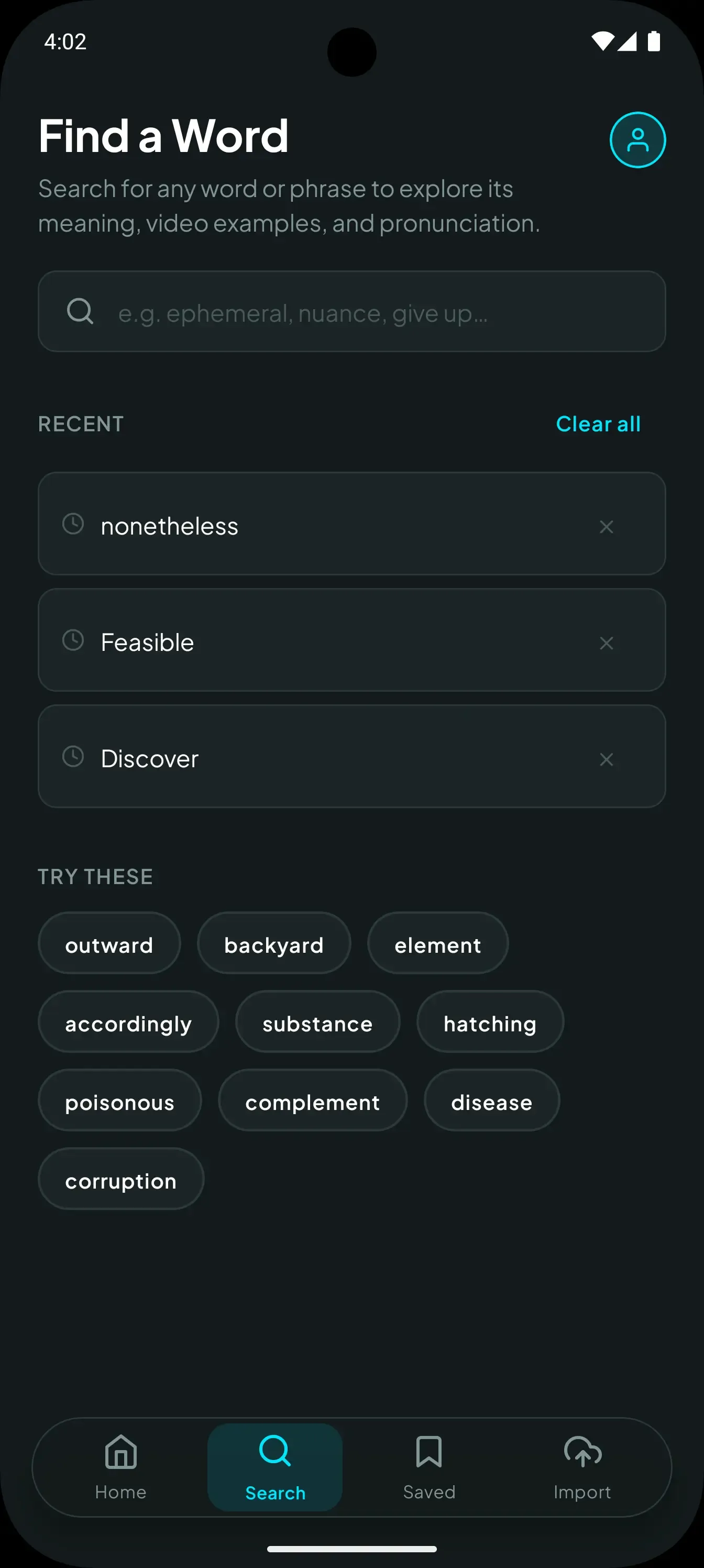 Search screen with suggested terms and history